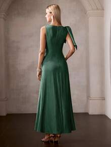 MOTF PREMIUM SUMMER FRENCH BOW TIE STRAP FASHION ELEGANT ELEGANT A-LINE DESIGN WOMEN'S DRESS - Dark Green - View 2