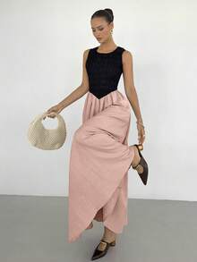 Siren Gaze Vestido Maxi Elegante y Casual de Verano para Mujeres, Vestido Largo Fluido sin Mangas con Cuello Redondo y Top Fruncido, Atuendos para Vacaciones en la Playa y Graduación, Vestidos de Verano Bicolor para Mujeres, Vestidos de Verano para Mujeres, Vestidos Casuales para Mujeres, Ropa de Verano, Atuendos de Verano para Mujeres - Rosa - Ver 4