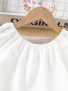 SHEIN 女童 2 件套甜美荷葉邊露肩上衣與串珠牛仔褲，適合夏季日常穿著 - 深灰色 - 查看 5