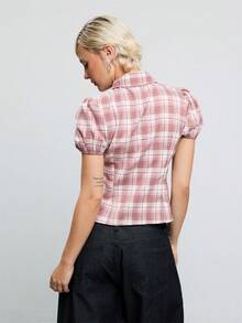 COUREZ Tie Side Puff Sleeve Shirt With Front Cut Out In Pink Check / Y2K Autumn Clothes Summer Outfits For Women Going Out Outfits Fall Shirts Going Out Top - Multicolor - View 3