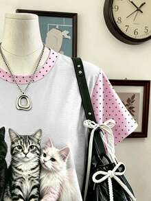 Lalippa Women's Polka Dot Colorblock Cat Graphic Casual Daily Summer Short Sleeve T-Shirt - Multicolor - View 3