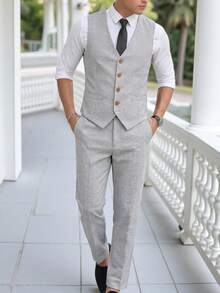 2pcs/Set Grey Striped Slim Fit Vest+Striped Textured Long Trousers,Formal Wear For Birthday Party,Performance,Wedding Season,Black To School - Grey - View 1