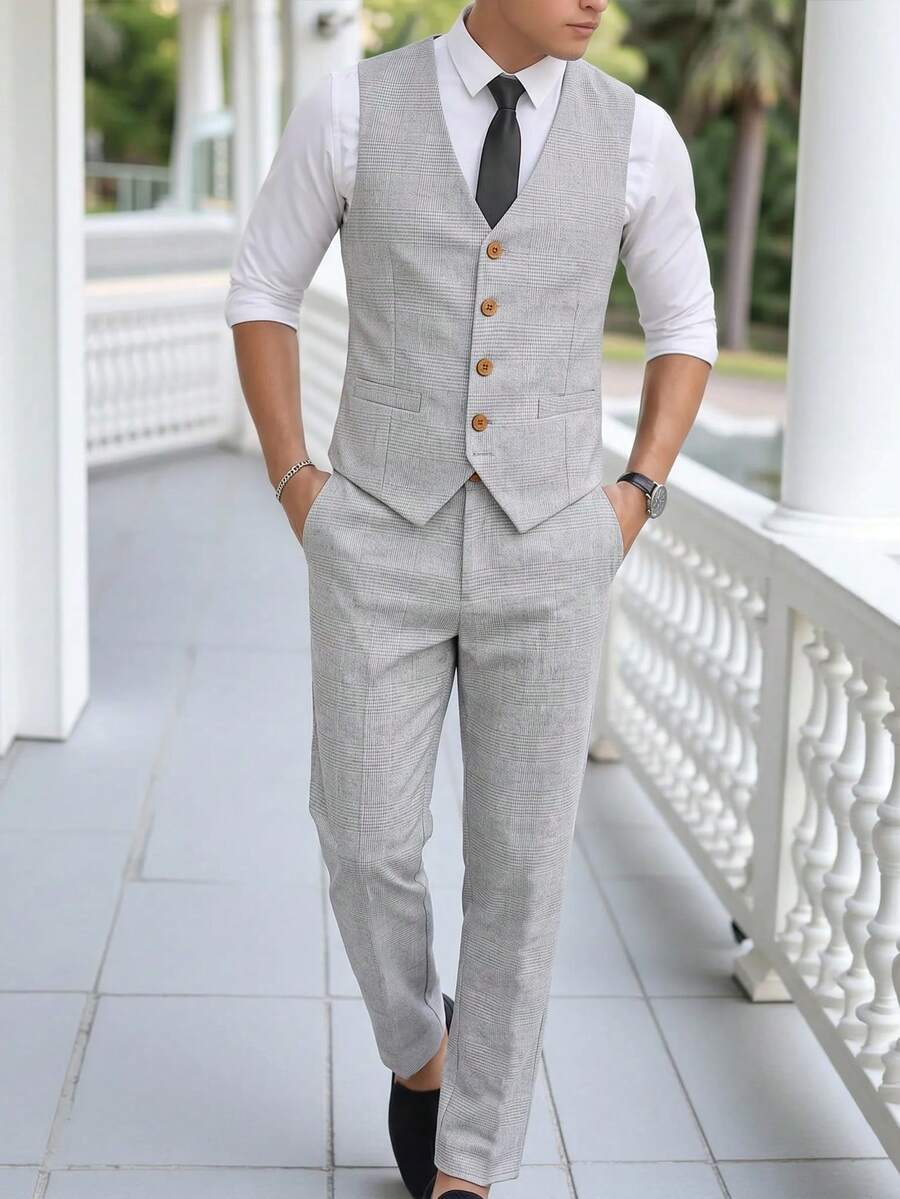 2pcs/Set Grey Striped Slim Fit Vest+Striped Textured Long Trousers,Formal Wear For Birthday Party,Performance,Wedding Season,Black To School - Grey - View 1