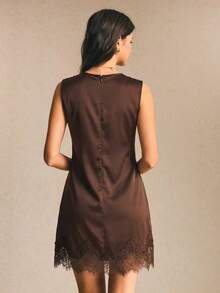 Poéselle Women's Solid Color Round Neck Lace Hem Sleeveless Short Dress Dinner Date Date Night Dark Brown Summer Minimalist Elegant - Brown - View 2