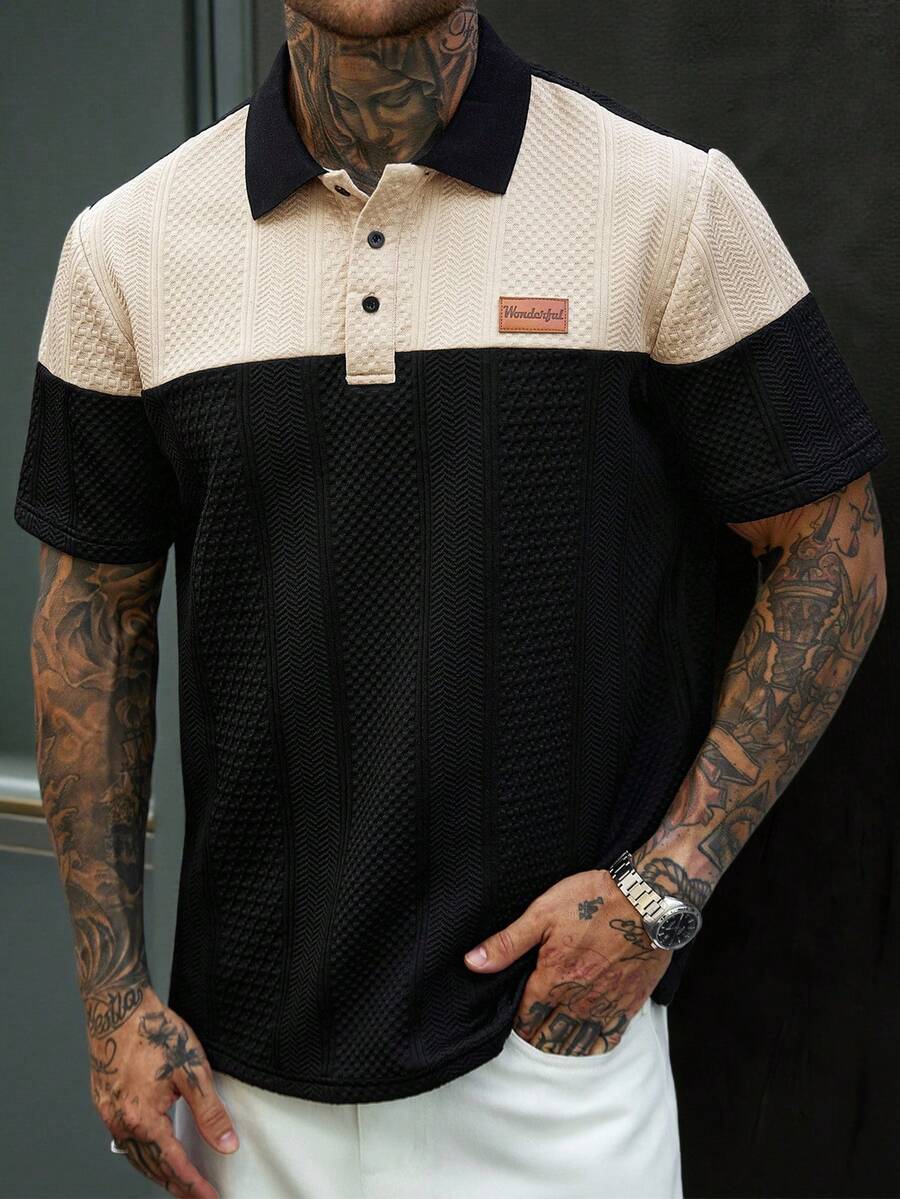 EGENSIO 男士拼色休閒通勤短袖 Polo 衫 - 黑色 - 查看 1