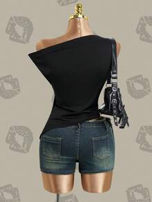 Women's Letter Cartoon Print Side Single-Breasted Top - Black - View 10