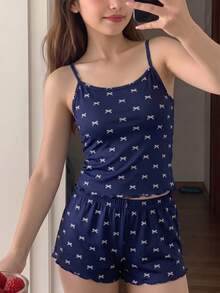 SHEIN Tween女孩針織小蝴蝶結圖案細肩帶背心與短褲居家服套裝 - 藏蓝色 - 查看 1