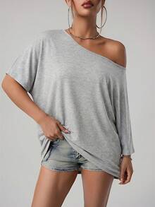 SHEIN ICON 美式街頭休閒風不對稱領寬鬆版型純黑色T恤 - 灰色 - 查看 5