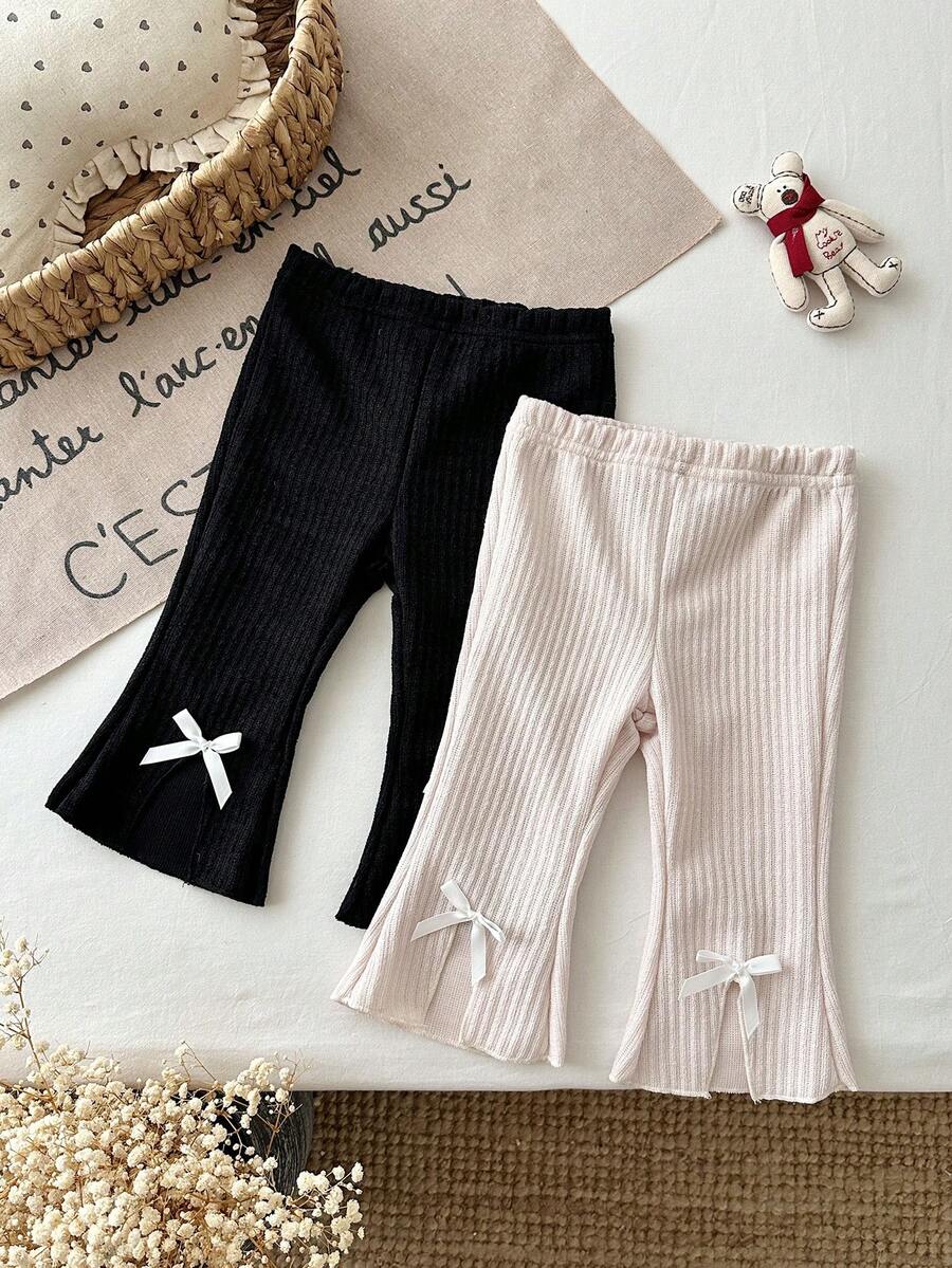 SHEIN Vintaside Kids 2件組女嬰休閒舒適微辣開衩長褲可愛蝴蝶結女嬰休閒長褲套裝 - 彩色 - 查看 1