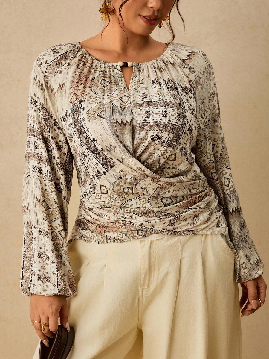 Travachic Plus Size Bohemian Boho Geometric Print Shirt With Wooden Bead Decor + Fitted Cut Vintage Vacation Style Summer Versatile Sleeveless Top Blouse Beige - Multicolor - View 1