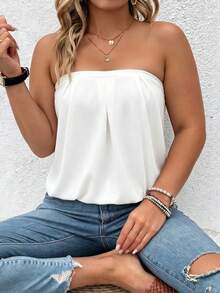 Breezaya Plus Size Women's Solid Color Fashion Casual Tube Top, Casual Wear, Summer, Suitable For Summer, Perfect For Spring/Summer Beach, Daily Wear, Date Night, Brunch, Street Style - White - View 3