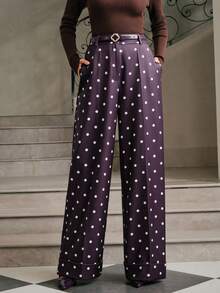 Anewsta Essential Urban Commute Polka Dot High Waist Drape Casual Women's Suit Pants Spring, Summer, Festival, Holiday, Vacation, Elegant, Business Casual Woman - Purple - View 1