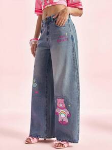 SHEIN X Care Bears 女款休閒日常牛仔褲，附口袋、鈕扣與卡通圖案 - 藍色 - 查看 5