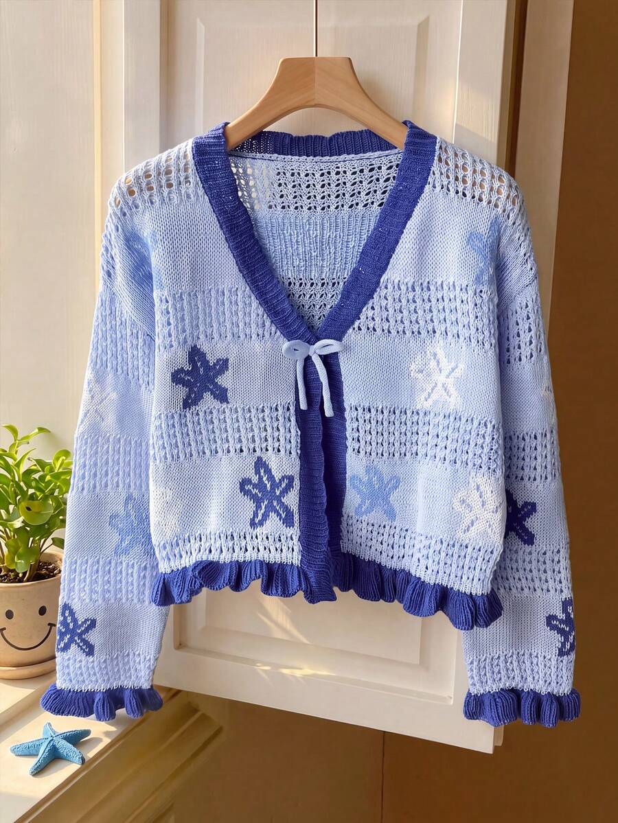 SHEIN Tween Girl Tween Girls Beach Vacation Starfish Pattern Multicolor Hollow Knit Cardigan, Comfortable And Versatile, Suitable For Home, Casual Outings, Beach Vacations, Parties, Soft Fabric, Suitable For Spring, Summer, Autumn, Winter All Seasons - Blue - View 1