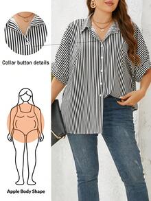 Shapeblank Camisa de manga de murciélago con estampado de rayas en talla grande, verano - Blanco y Negro - Ver 2