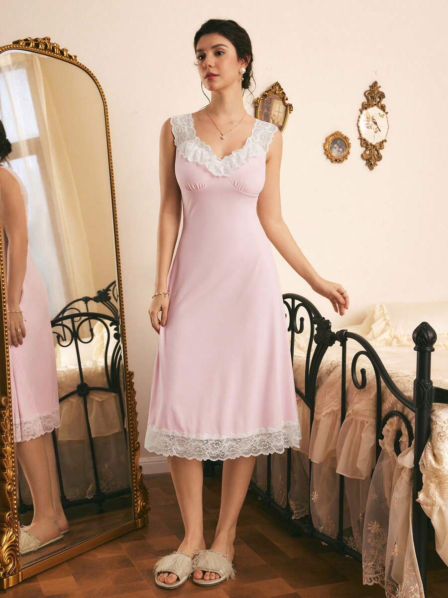 Côtesoire French Elegant Romantic Lace Patchwork Bow Decor Slim Fit Long Women's Nightgown For Wedding And Home - Baby Pink - View 1