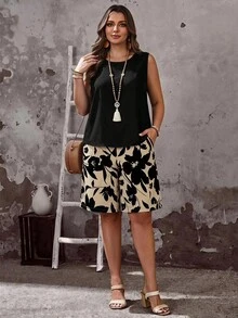 EMERY ROSE Minimalist Floral Shorts & Black Tank Top 2 Pieces Set Plus Size - Multicolor - View 6
