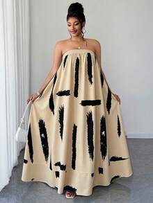 Maweii Vestido Longo Solto Bandeau Listrado Vertical Azul & Branco para Mulheres Plus Size, Roupa Casual Francesa de Férias na Praia Primavera/Verão - Multicolorido - Visão 1
