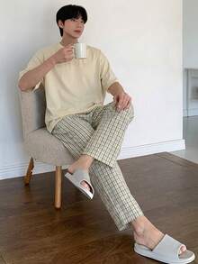 DAZY 夏季字母印花米色T恤與格紋長褲男士居家休閒套裝睡衣 - 彩色 - 查看 4