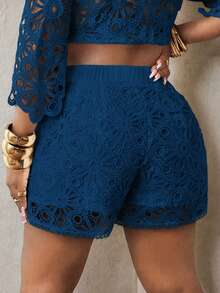 Maweii Plus Size Women's Solid Color Hollow Out Casual Daily Shorts - Navy Blue - View 2