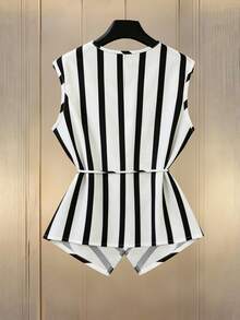 GlowEve CURVE Plus-Size Women's Elegant V-Neck Black And White Striped Sleeveless Wrap Tie Shirt, - Black and White - View 2