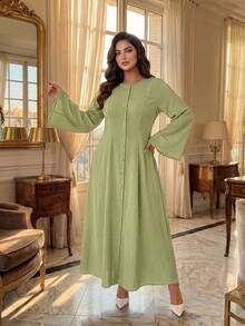 SHEIN Lady CURVE 春秋新款优雅休闲通勤日常旅行度假喇叭袖纽扣前襟喇叭下摆复古腰A字浪漫日常通勤办公室工作波西米亚风连衣裙 - 薄荷綠 - 查看 4