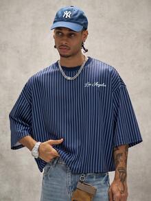 PAVTROS Men's Striped Letter Print Drop Shoulder Loose Fit T-Shirt - Multicolor - View 3