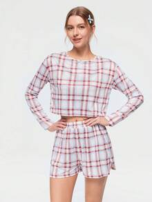Bonmuse 2件套女士舒适圆领印花长袖睡衣套装，含松紧腰短裤 - 白色 - 查看 2
