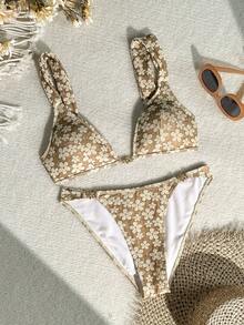 Bonvoyette Conjunto de Maiô Bikini Floral Jacquard com Taça Triangular e Efeito Emagrecedor para Mulheres, Águas Termais & Férias - Café - Visão 4