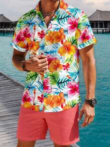 VIVINTIMO White,Hot Pink,Summer,Tropical,Vacation Men's Shirt Set,Watercolor Effect Tropical Plant Floral Full Print Short Sleeve Shirt And Shorts Combination - White - View 5