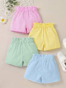 SHEIN Sparklyn 4件組女童條紋鬆緊腰寬鬆夏季短褲套裝 返校季 - 彩色 - 查看 2