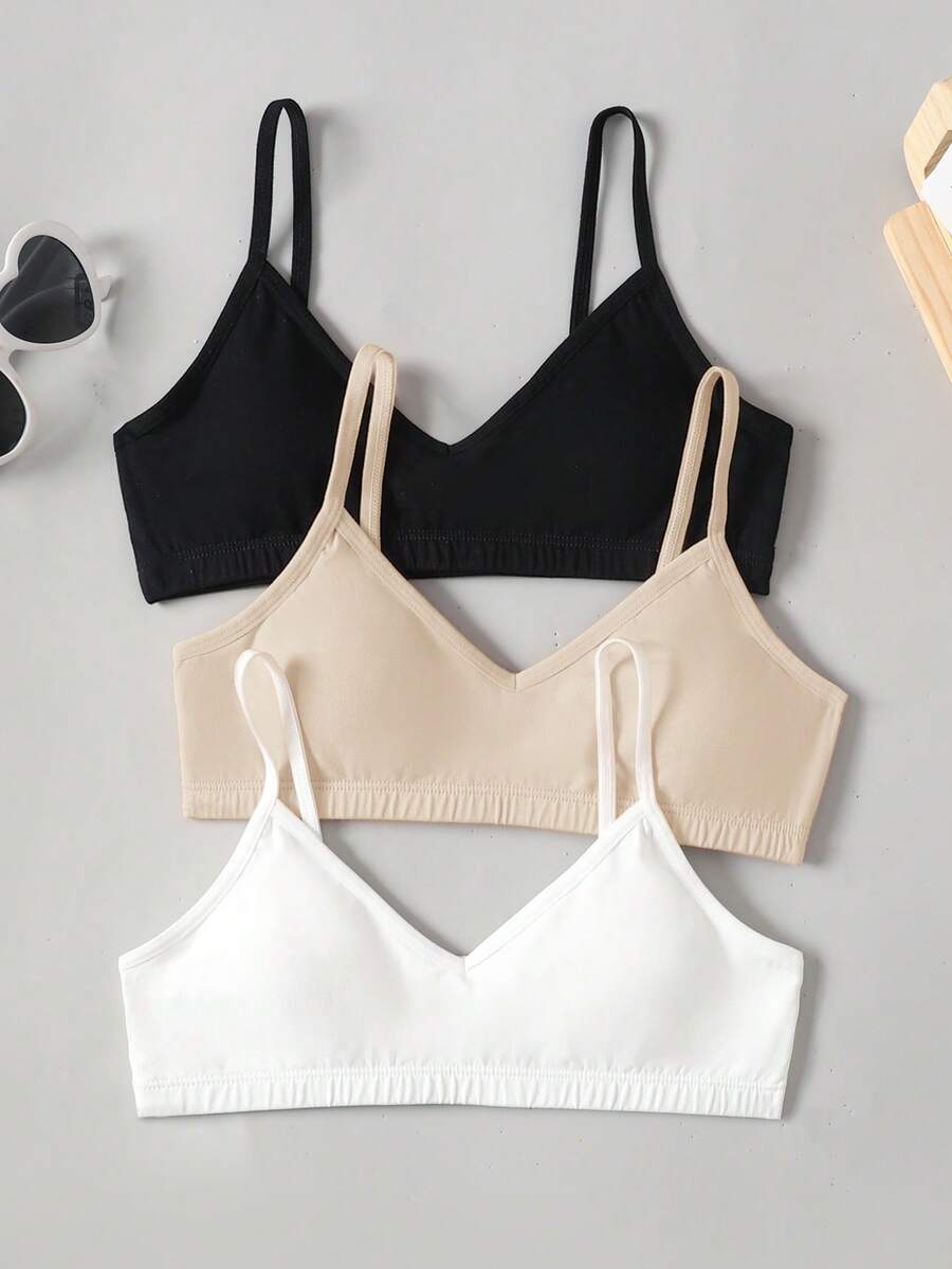 SHEIN 兒童青少年女孩簡約舒適純色V領加墊露背內衣3件組 - 卡其色 - 查看 1