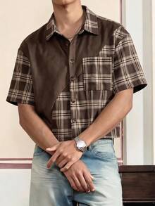 SWAVVY Spring/Summer Men's Patchwork Corduroy Short Sleeve Shirt - Khaki - View 1