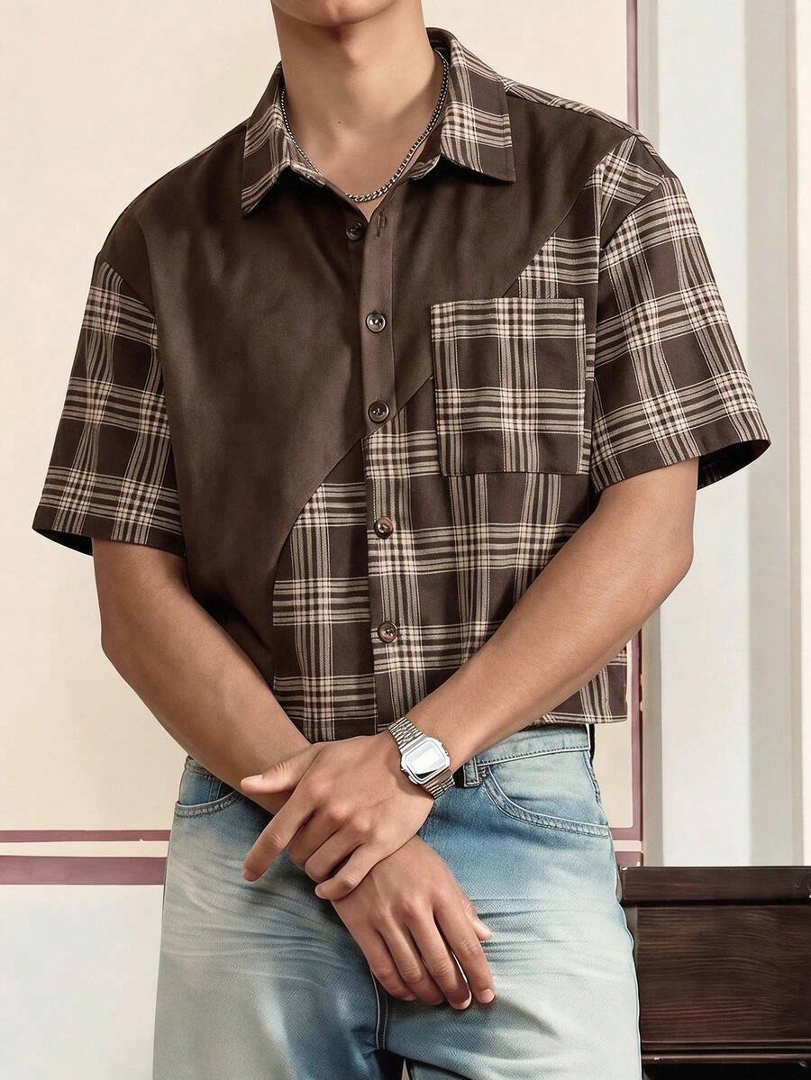 SWAVVY Spring/Summer Men's Patchwork Corduroy Short Sleeve Shirt - Khaki - View 1
