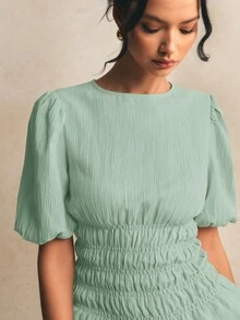 Poéselle 女款純色百褶休閒百搭日常穿著花瓣袖襯衫 - 薄荷綠 - 查看 3
