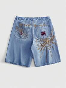 ROMWE MEN Men's Loose Fit Denim Shorts With Spider Embroidery Pattern - Baby Blue - View 1