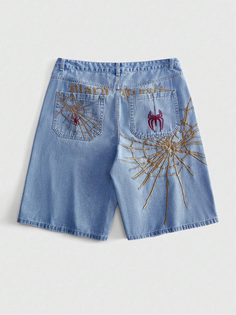 ROMWE MEN Men's Loose Fit Denim Shorts With Spider Embroidery Pattern - Baby Blue - View 1