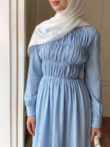 Solavon Women's Solid Color Round Neck Long Sleeve Pleated Elegant Modest Dress Tea Party Brunch Baby Blue Fall - Blue - View 2