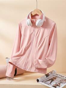 SHEIN Girls' Elastic Fabric Fitted Jacket, Fall Clothes, Fall, 3D Tailored Design, Solid Color, Suitable For Outdoor Sports Occasions - Pink - View 9