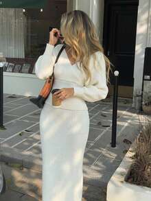 Strévra Women's 2pcs Set: White Crew Neck Long Sleeve Knit Sweater And High Waist Slim Fit Ribbed Knit Pants For Winter - White - View 4