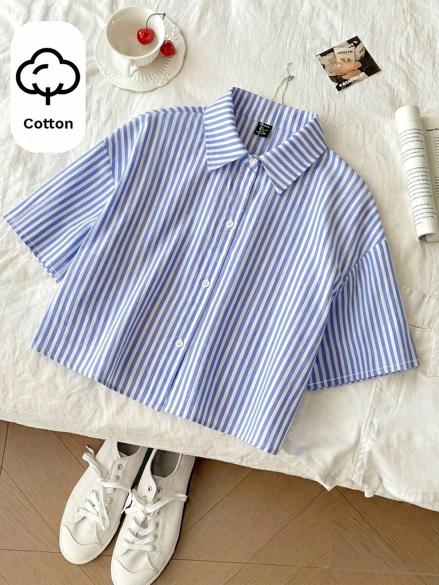 SHEIN Tween Girl Casual Daily Fashion Yellow & Black Striped Loose Short Sleeve Shirt - Blue - View 1