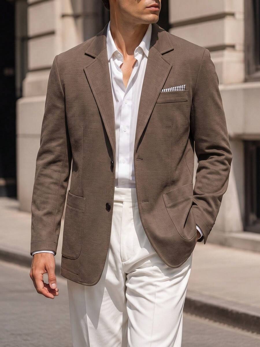 Manfinity Mode Old Money Style Men's Loose Casual Blazer, Lapel Pocket Design Streetwear Light Business Casual Jacket - Coffee Brown - View 1