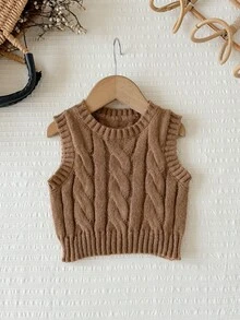 SHEIN LMoss Kids Baby Girl Solid Color Knit Round Neck Sleeveless Fitted Autumn Winter Sweater - Multicolor - View 5