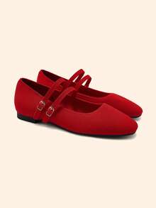 CUCCOO BASICS Women's Shoes Fashion Versatile Square Toe Double Strip Red Flat Shoes Knitted Mary Jane Shoes Fall Shoes - Red - View 2