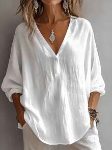 EMERY ROSE Blusa casual de cuello en V lisa para uso diario en otoño para mujer - Blanco - Ver 1