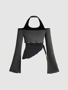 SHEIN MOD Asymmetrical Hem Drawstring Waist Flared Sleeve 2 In 1 T-Shirt - Dark Grey - View 3