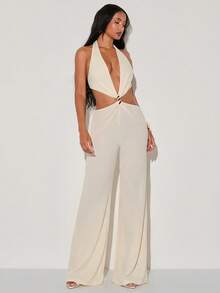 Normani Summer/Autumn Festival Party Prom Graduation Prom Casual Vacation Country Y2k Women's Solid Color Halter Tie Backless Metal Decor Daily Jumpsuit - Apricot - View 4