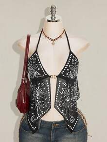 SHEIN ICON Women's Rivet Design Mesh Halter Neck Tank Top With Sexy Slit Hem - Black - View 4