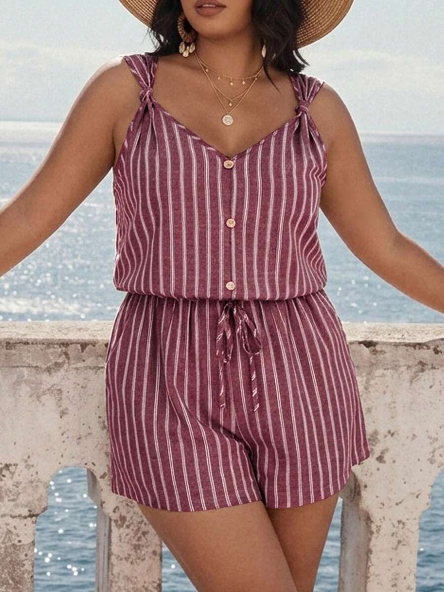 Embrisa Plus Size Vacation Versatile Striped Button Cinched Waist Tie Romper - Red - View 1