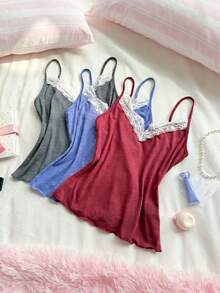 Lullawish Women's Blended Colorful Yarn Comfortable Knit Lace Camisole Sleepwear Top 3pcs/Set - Multicolor - View 6